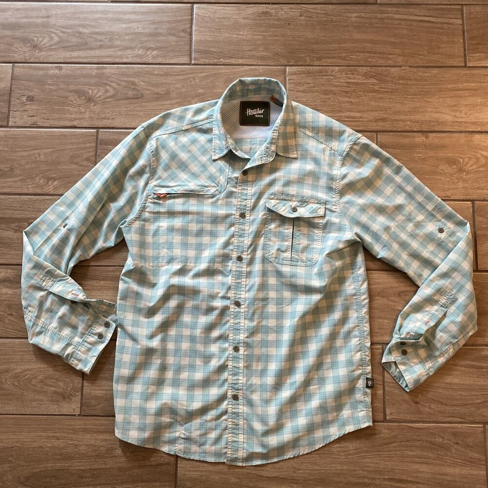 HOWLER BROTHERS Matagorda Plaid Roll Tab Sleeve Vented Fishing Shirt Size Medium